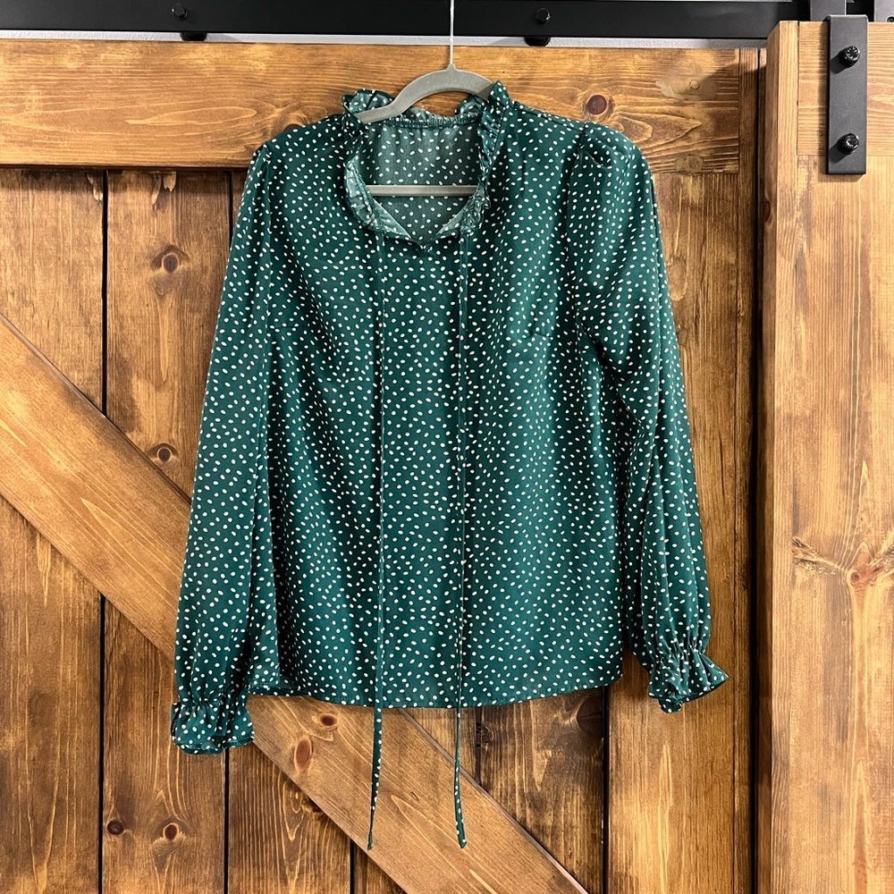 SHEIN Forest Green Polka Dot Long Sleeve Tie Neck Blouse